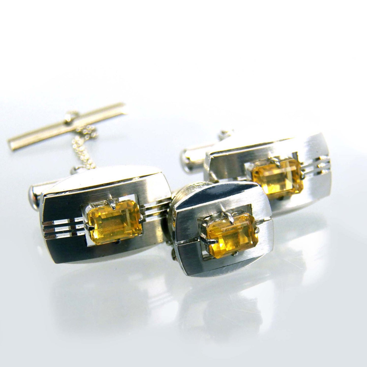 Sterling Silver Citrine Cufflinks and Tie Tack Pin Set