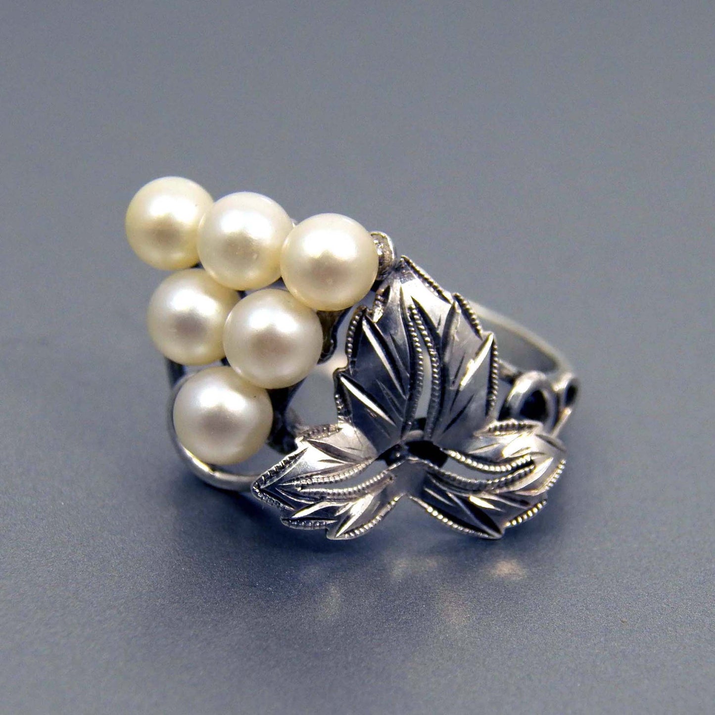 Antique Akoya Pearl Silver Ring, Bunch of Grapes Design