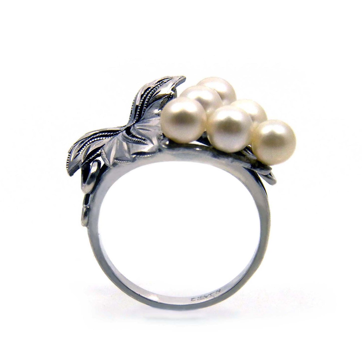 Bunch of Grapes Akoya Pearl Ring, Sterling Silver Art Deco Japanese Jewelry 1930s