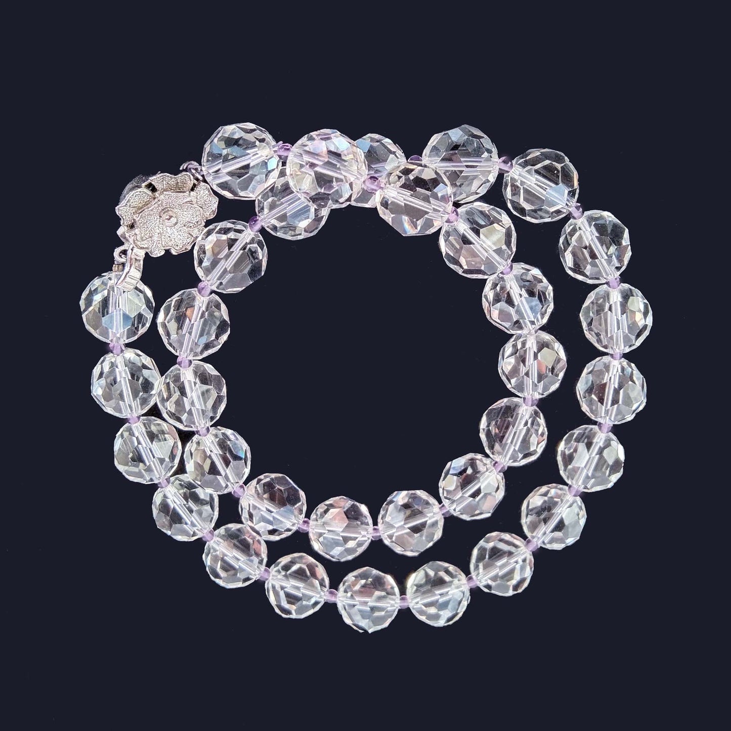 Faceted Clear Quartz and Amethyst Bead Necklace with Silver Clasp