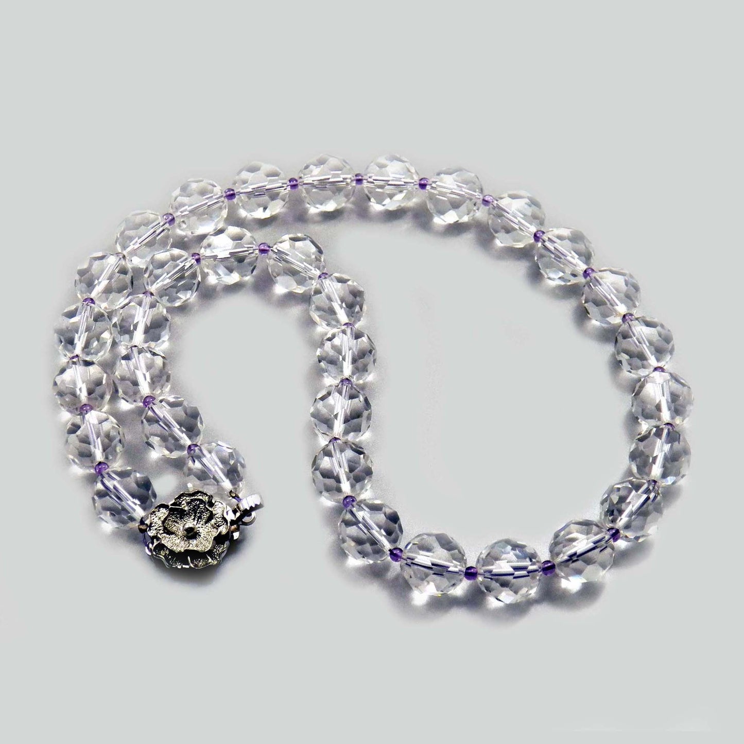 Faceted Clear Quartz and Amethyst Bead Necklace, Silver Clasp, Rock Crystal Vintage Jewelry
