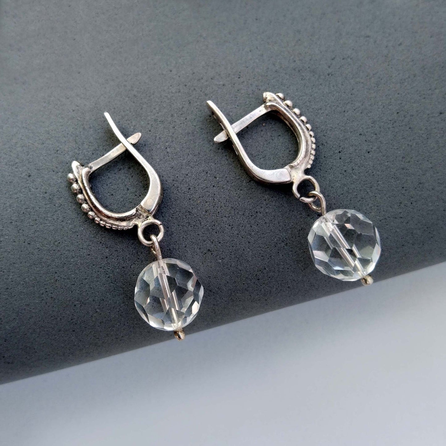 Rock Crystal Faceted Ball Earrings in Sterling Silver