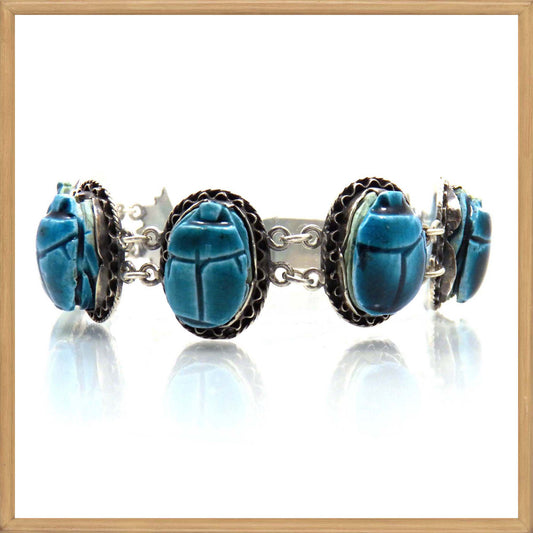 800 Silver Egyptian Revival Blue Scarab Bracelet