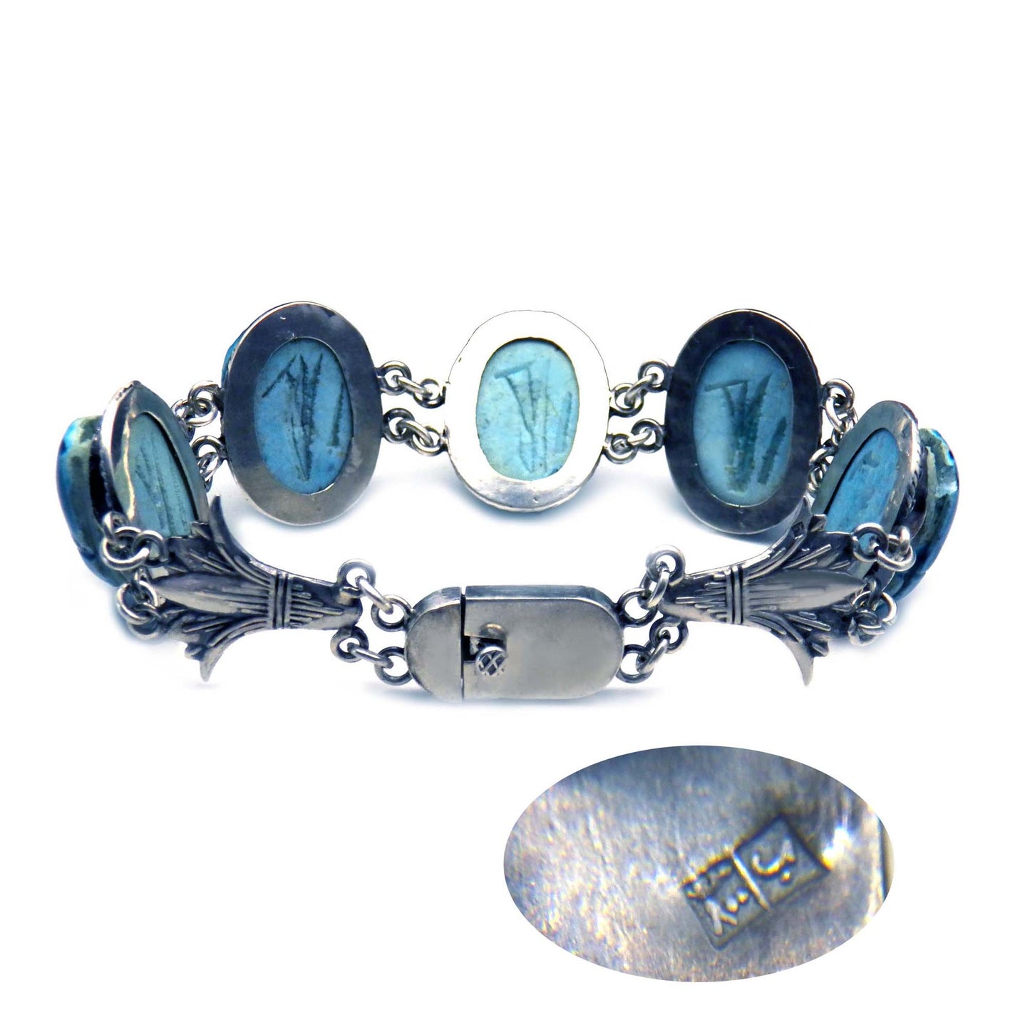800 Silver Egyptian Revival Blue Scarab Link Bracelet, Art Deco Vintage Jewelry 1940s