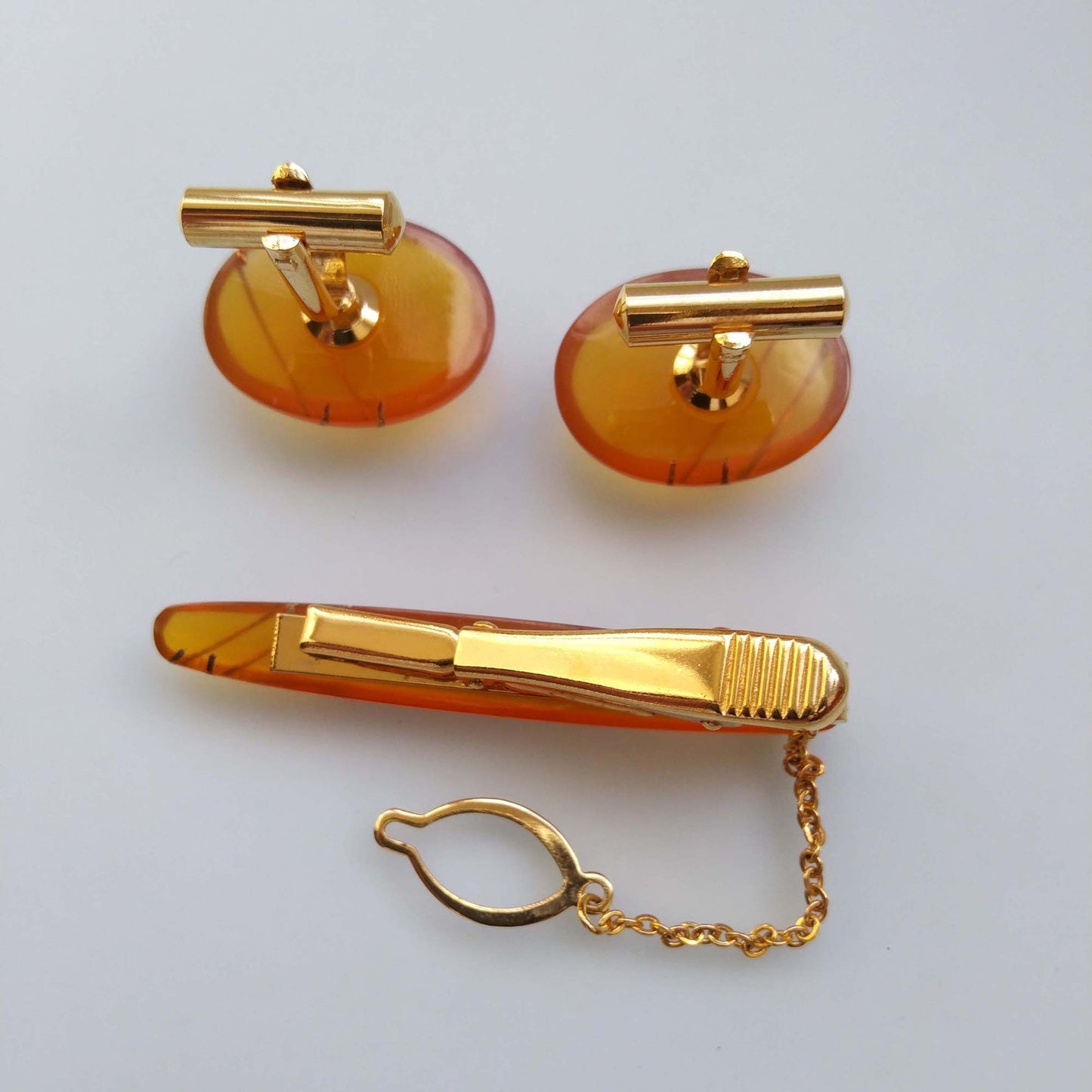 Orange Turtle Shell Cufflinks and Tie Clip Set, Gold Plated Japanese 1960s Jewelry for Men